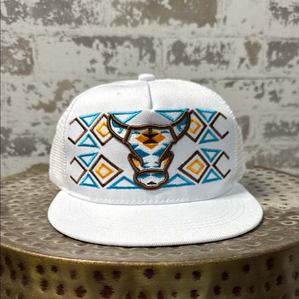 White Geometric Bull Design Hat